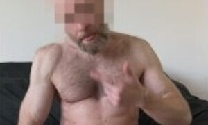 Hairy daddy jerks off on his black sheets and tastes his own precum