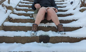 peeing on some stairs in the snow